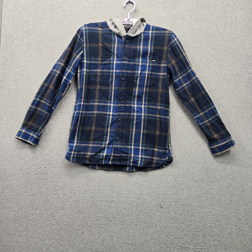 Vans Boys Jacket L Blue Plaid Flannel Shacket Hooded Button Up Pockets Logo‎